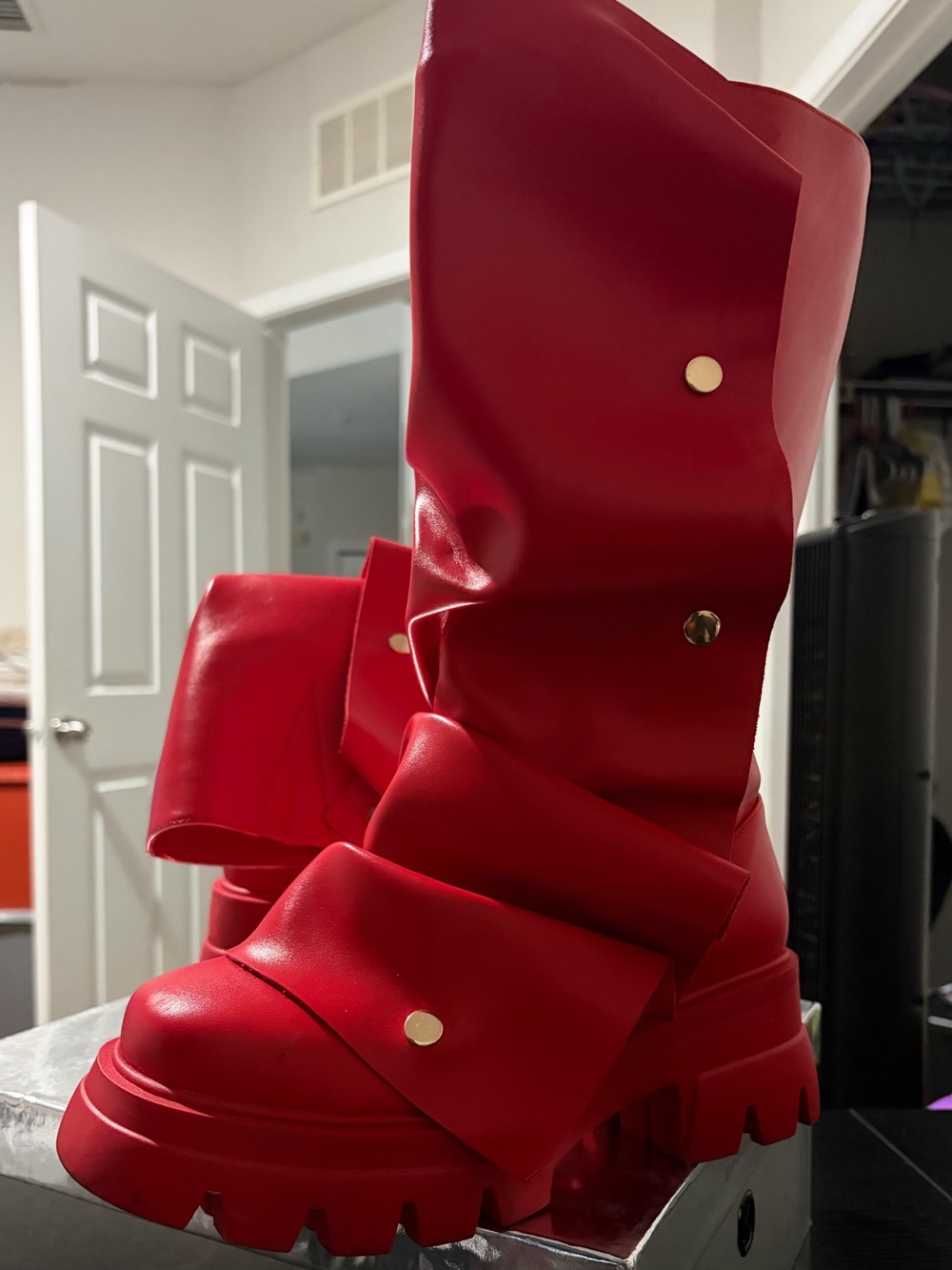 Red Chunky Ruched Boots (size: 10 women)